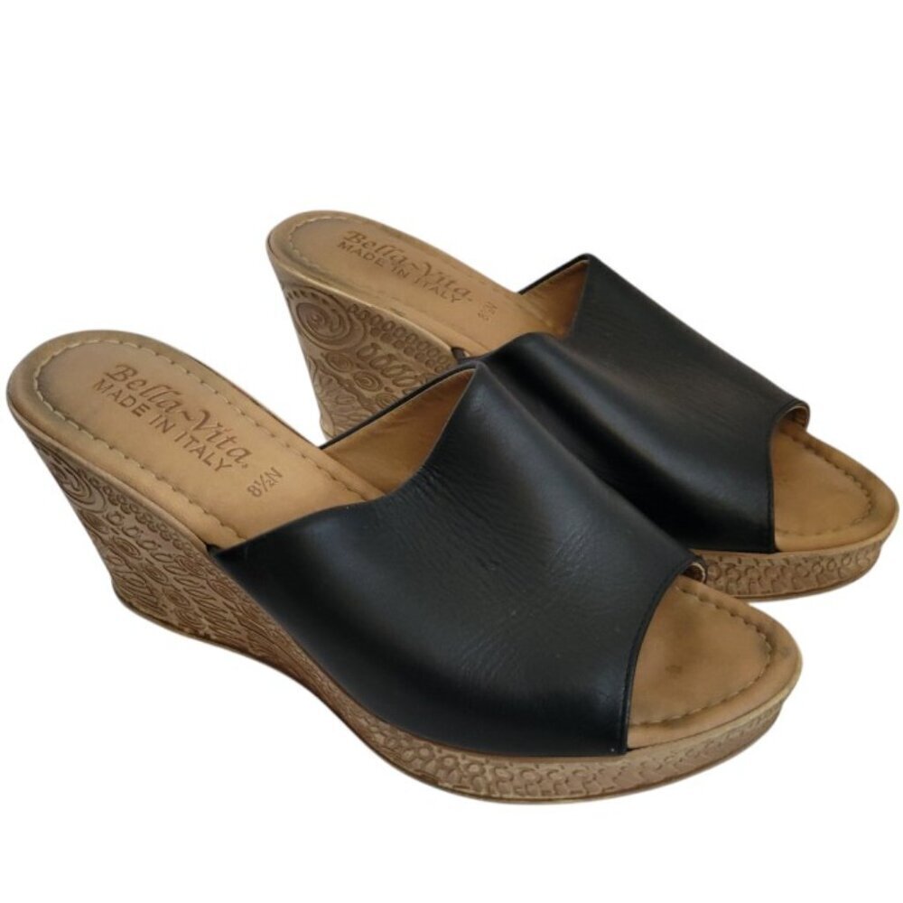 Women's Bella Vita Black Leather Slides Sandals Espadrilles‎ 8.5N Narrow